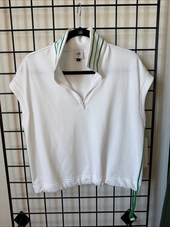 CAbi Tops - CAbi White Sleeveless Half-Zip with Green Stripe Collar